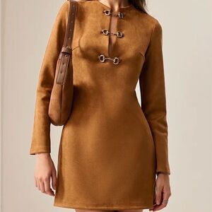 Commense NWT Chic faux suede Tan Long Sleeve Dress with Metal Accents